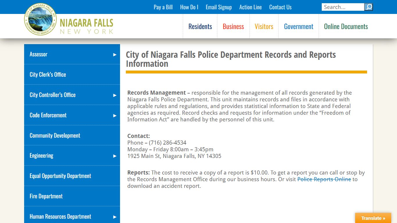 City of Niagara Falls Police Department Records and Reports Information